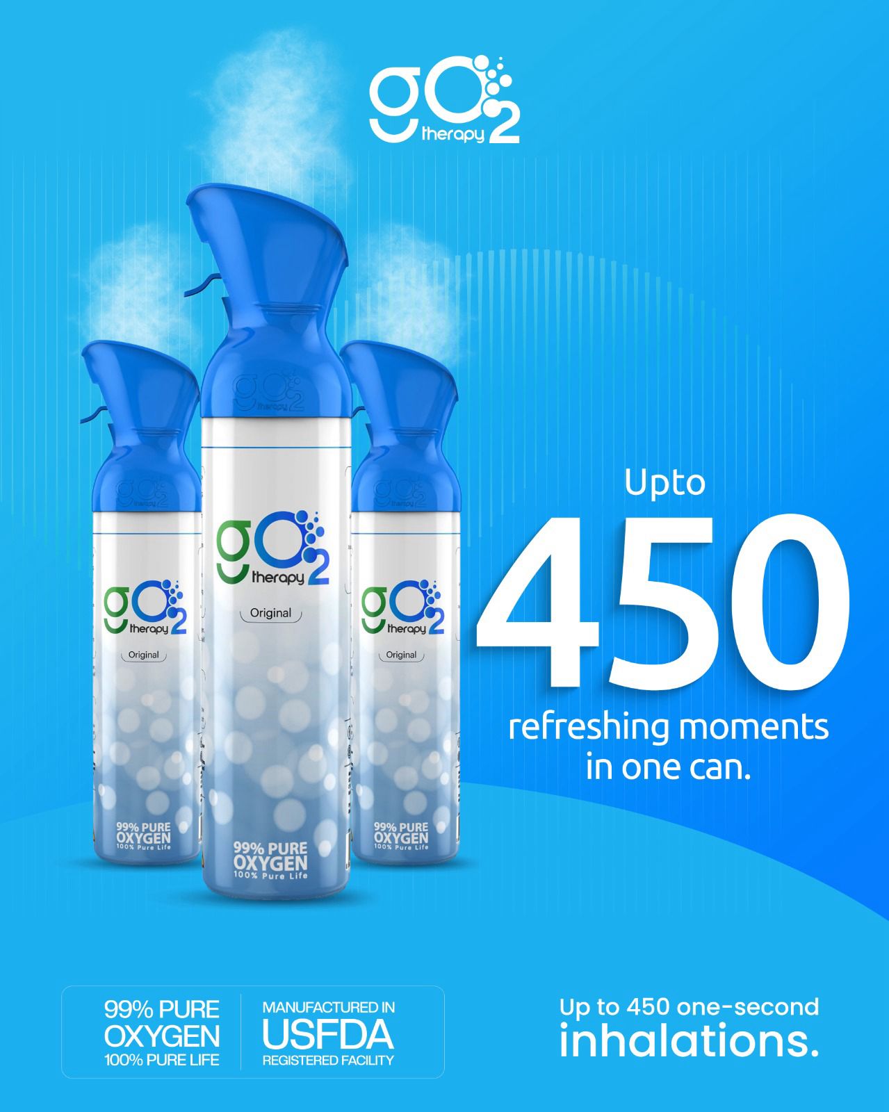 gO2Therapy - Up to 1350 Inhalations (3 Pack), Natural + 4 Fragrances, 12L Portable Oxygen Canister