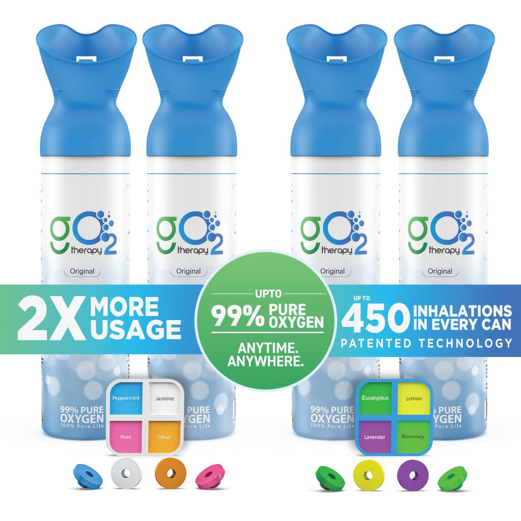 gO2Therapy - Up to 1800 Inhalations (4 Pack), Natural + 8 Fragrances, 12L Portable Oxygen Canister
