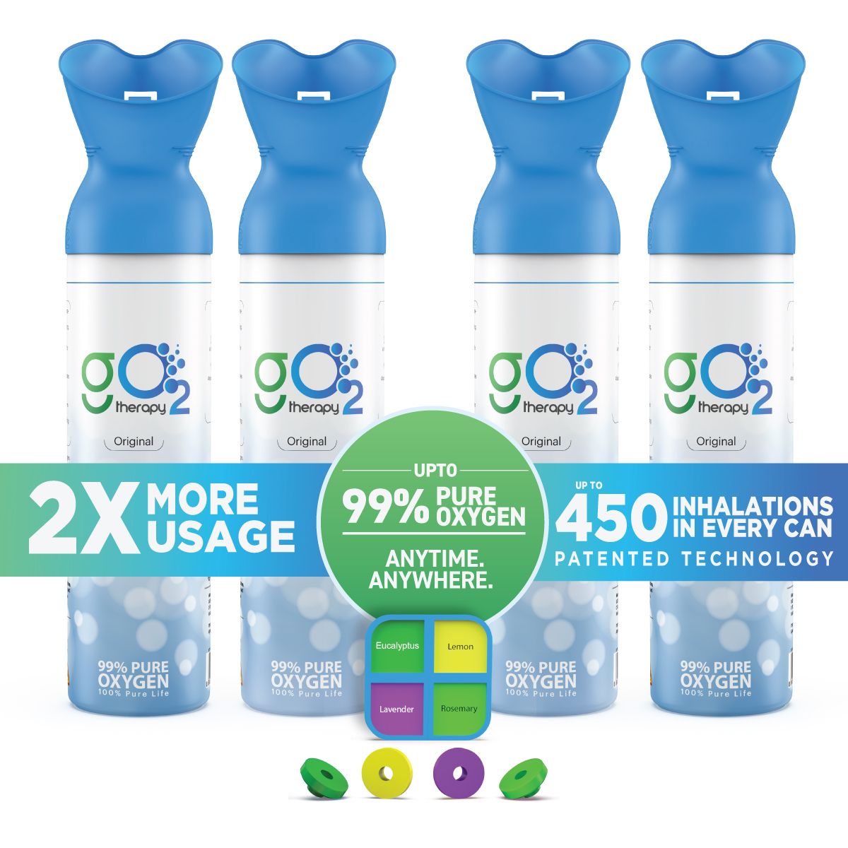 gO2Therapy - Up to 1800 Inhalations (4 Pack), Natural + 1st set of fragrance ( Eucalyptus, Lemon, Lavender, and Rosemary), 12L Portable Oxygen Canister