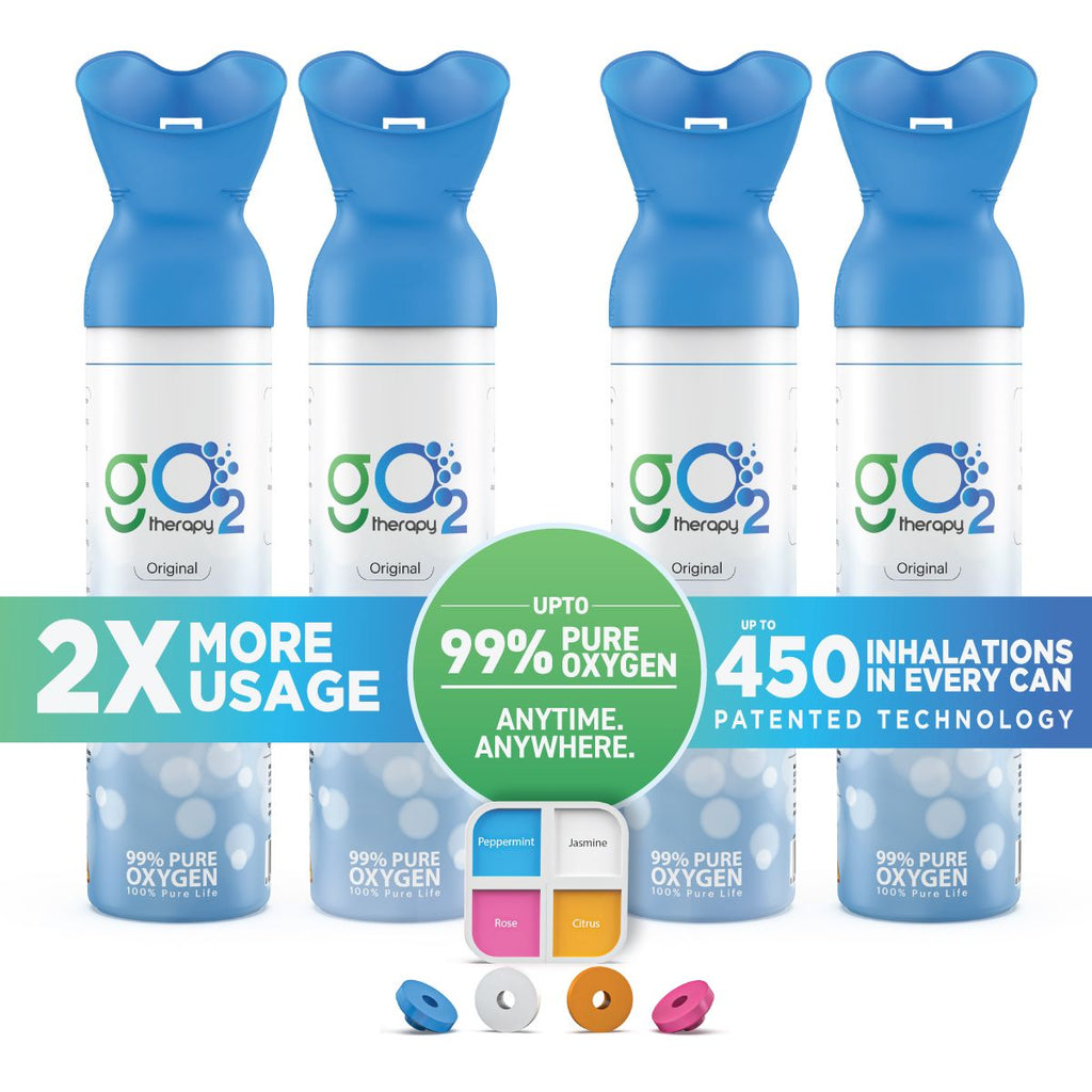 gO2Therapy - Up to 1800 Inhalations (4 Pack), Natural + 2nd set of fragrance ( Peppermint, Jasmine, Rose, and Citrus), 12L Portable Oxygen Canister