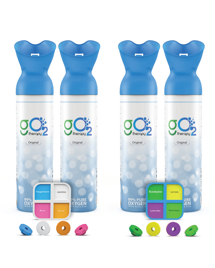 gO2Therapy - Up to 1800 Inhalations (4 Pack), Natural + 8 Fragrances, 12L Portable Oxygen Canister