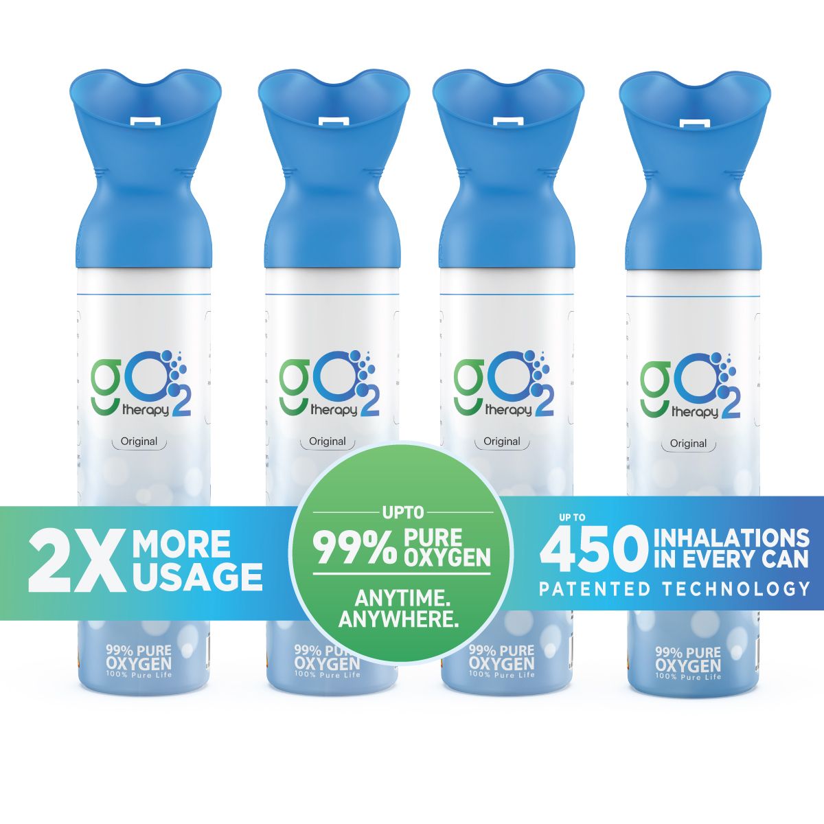 gO2Therapy - Up to 1800 Inhalations (4 Pack) Natural, 12L Portable Oxygen Canister
